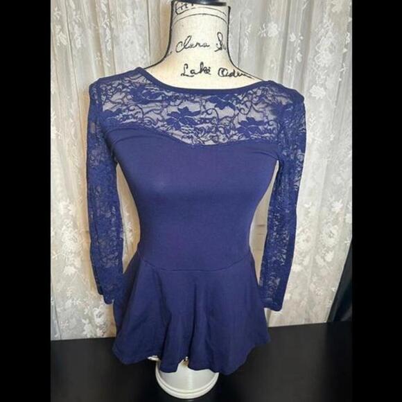 Express Tops - Express Navy Blue Lace Detail Peplum Top - Size S